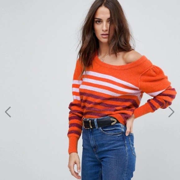 NWT Free People Complete Me Stripe Pullover Orange - Picture 2 of 6